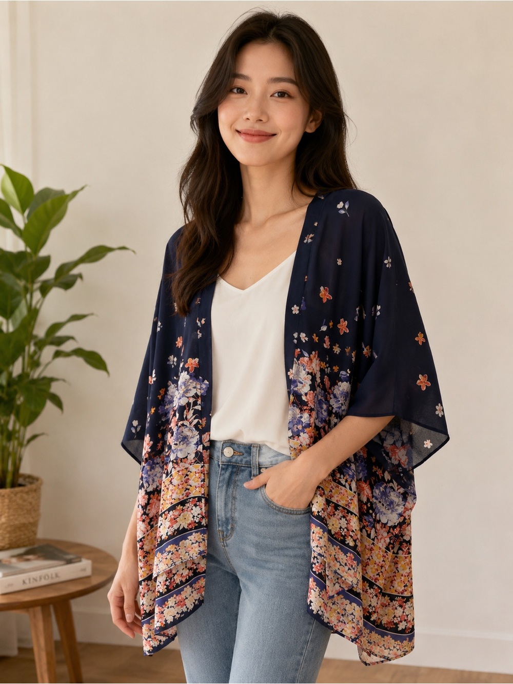 Maurice’s One Size Blue & Floral Bohemian Border Kimono Resort Light Open Front